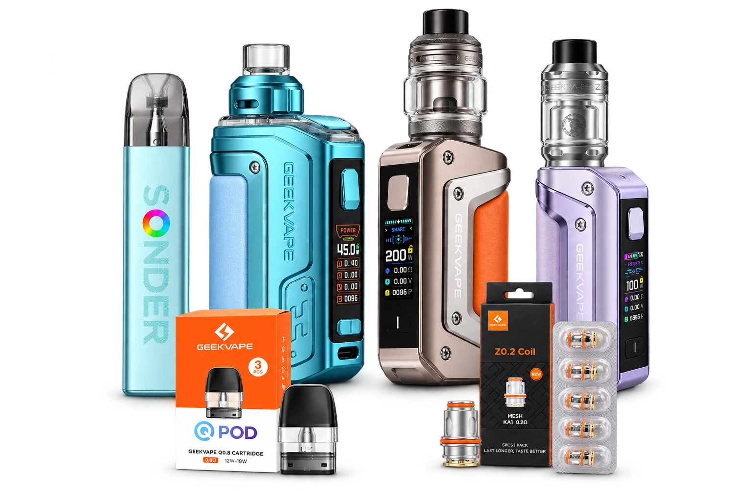 مجموعه محصولات Geekvape شامل Aegis، Wenax، Sonder و لوازم جانبی